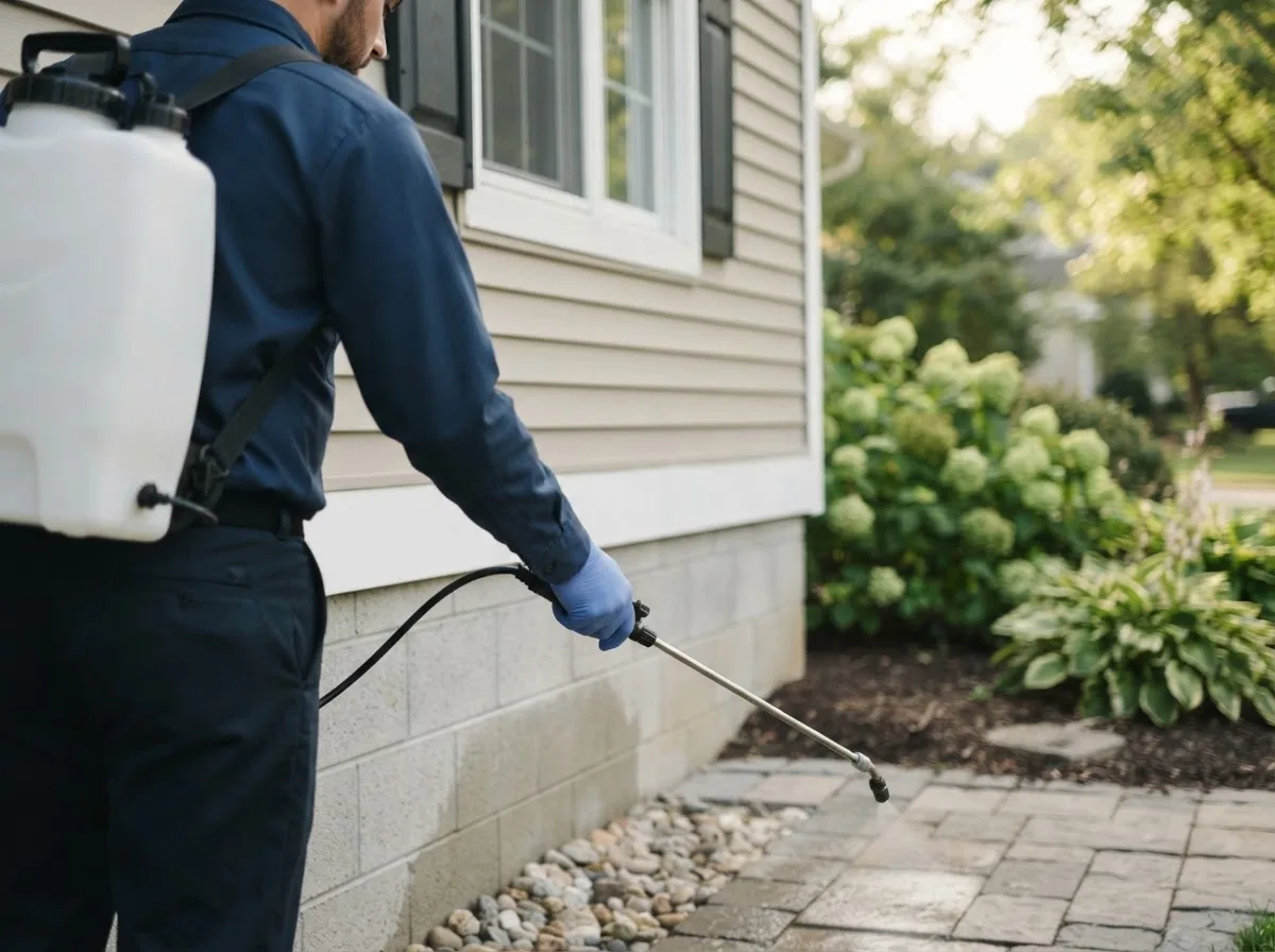 Pest control technician inspecting a home in Galt, IL
